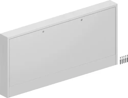 Weißer Verteilerschrank von Uponor mit zwei Befestigungslöchern. Neben dem Schrank befinden sich mehrere Schrauben zur Montage.